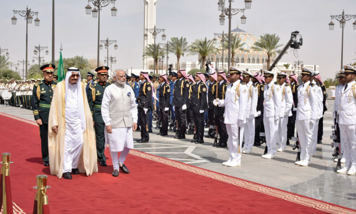 Custodian of the Two Holy Mosques King Salman welcomes Indian Prime Minister Narendra Modi in Riyadh during his Kingdom visit in April.