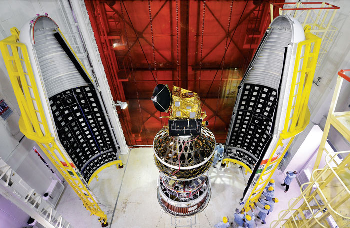 SCATSAT-1 spacecraft integrated with PSLV-C35 with two halves of the heat shield.