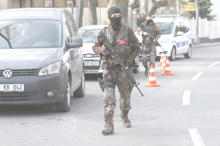 Turkish special security force members patrol near the scene of the Reina nightclub following the New Year’s day attack, in Istanbul, Wednesday. — AP