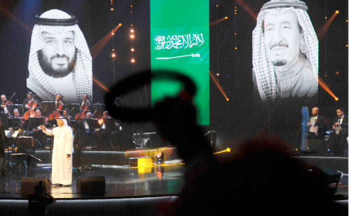 Saudi singer Mohammed Abdu performs during a concert in Jeddah on Monday night. - AFP