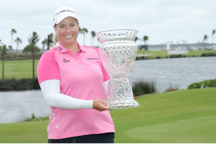 Brittany Lincicome of the United States poses with the trophy after the final round of the Pure Silk Bahamas LPGA Classic in Paradise Island, Bahamas, Sunday. - AFP