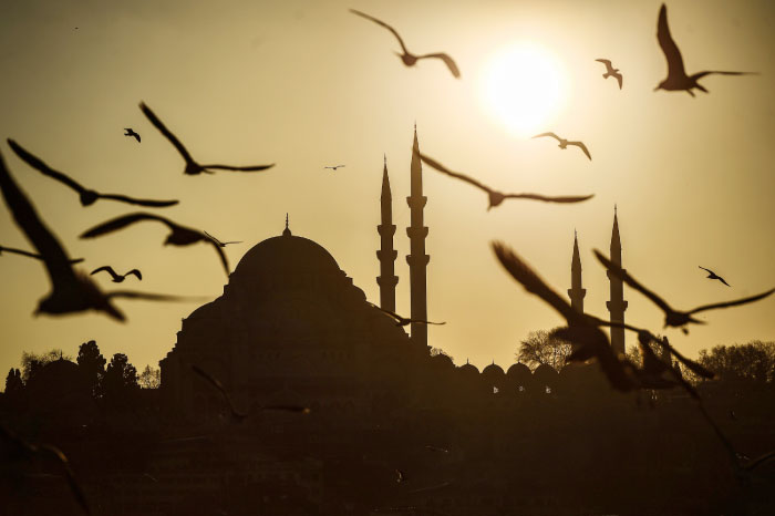 Seagulls fly over the Karakoy district near the Suleymaniye Mosque at sunset in Istanbul. — AFP