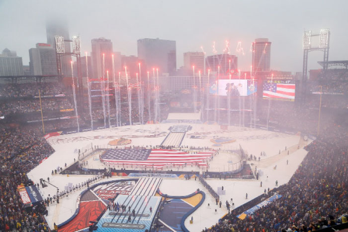 A general view during the National Anthem prior to the start of the 2017 Bridgestone NHL Winter Classic between the St. Louis Blues and the Chicago Blackhawks at Busch Stadium in St. Louis, Missouri, Monday. - AFP
