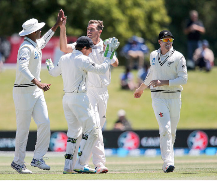 Tim Southee celebrates the wicket of Tamim Iqbal in Christchurch Monday.