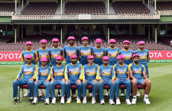 The Pakistan cricket team poses for a photo with pink caps in front of the member stand before a training session at the SCG in Sydney Monday. The pink caps are in support of the McGrath Foundation, a breast cancer support charity run by former Australian cricketer Glenn McGrath who lost his wife to breast cancer.