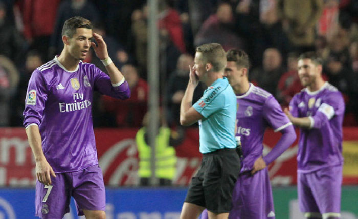 Real Madrid’s Cristiano Ronaldo reacts during their La Liga match against Sevilla in Seville, Spain, Sunday. - AP