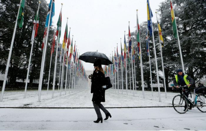 The European headquarters of the United Nations are pictured during a snowfall in Geneva, Switzerland, on Tuesday. — Reuters