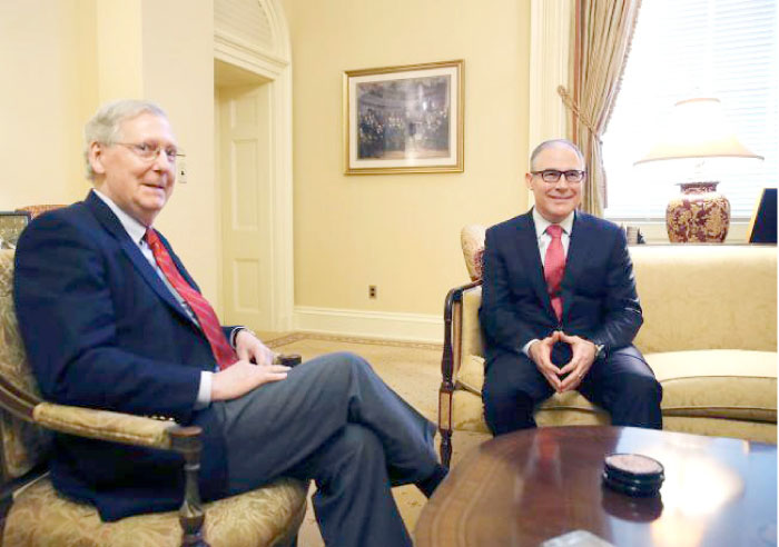 Senate Majority Leader Mitch McConnell, left, meets with Oklahoma Attorney General and President-elect Donald Trump’s nominee to head the Environmental Protection Agency (EPA), Scott Pruitt, in his office on Capitol Hill in Washington, D.C., in this Jan. 6, 2017 file photo. — AFP