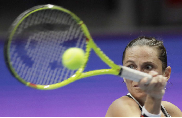 Roberta Vinci of Italy returns the ball to Timea Babos of Hungary during the St. Petersburg Ladies Trophy 2017 in St. Petersburg, Russia, Tuesday. - AP