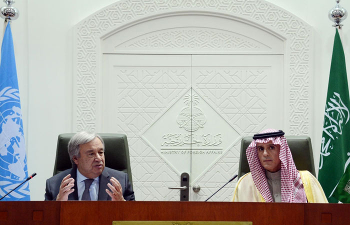 UN Secretary General Antonio Guterres addresses a joint press conference with Foreign Minister Adel Al-Jubeir in Riyadh on Sunday. -SPA