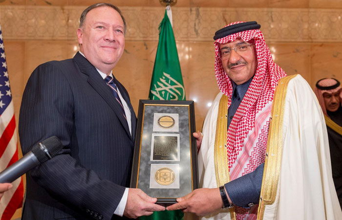 Crown Prince Muhammad Bin Naif, deputy premier and minister of interior, receives the George Tenet Medal from CIA Director Mike Pompeo in Riyadh on Friday. –SPA