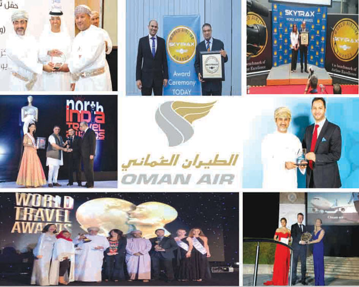 A collage of photos of Oman Air receiving awards in various international industry events