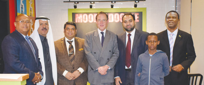 (From Right): Ambassador of Tanzania to Saudi Arabia Hemedi Iddi Mgaza, his son Moyad, Zamiruddin Ahmed - CEO of Healthy Food Company, Richard Wildash – Deputy Head of Mission UK, Amir Qayyum - Director Business Development – AESI, Hussain Al Shammari – Deputy Director Saudi Television Channel 2, Moises R. Santana – Mooyah Head of Operations