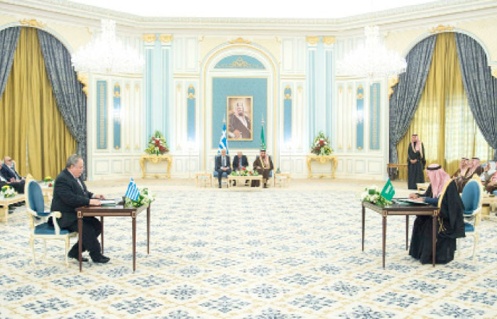 Custodian of the Two Holy Mosques King Salman and Greek President Prokopis Pavlopoulos oversee the signing of Memoranda of Understanding during their meeting at Al-Yamama Palace in Riyadh on Tuesday. — SPA