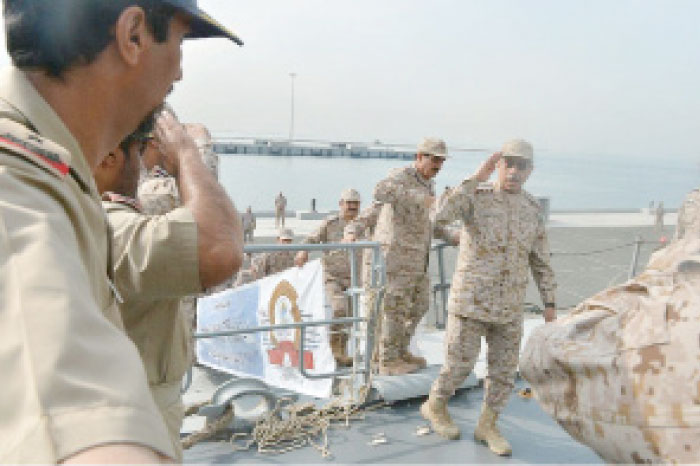 Chief of the General Staff Gen. Abdurrahman Al-Bunyan greets the warship’s crew of officers and non-commissioned officers at King Faisal Naval Base of the Western Fleet in Jeddah on Sunday. — SPA