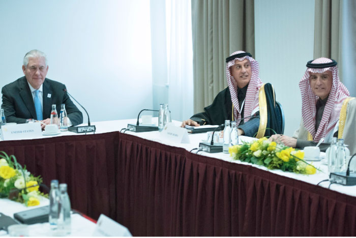 US Secretary of State Rex Tillerson (left) and Foreign Minister Adel Al-Jubeir sit after a meeting about Yemen at the Steigenberger Hotel in Bad Neuenahr, near Bonn, Thursday. Tillerson made his diplomatic debut at a G20 gathering in Germany where his counterparts hoped to find out what “America First” means for the rest of the world. — AFP