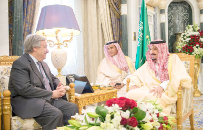Custodian of the Two Holy Mosques King Salman received at Al-Yamama Palace in Riyadh on Sunday UN Secretary-General Antonio Guterres. — SPA
