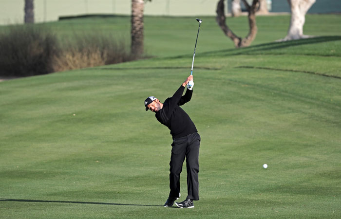 Sergio Garcia of Spain plays a shot during the third round of the Omega Dubai Desert Classic at the Emirates Golf Club Saturday. — AFP