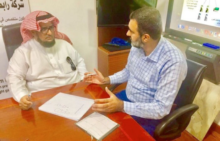 Director of audio library management Sheikh Abdullah Bin Hattab Al-Hunaini meets with the director of the Business Association of Integrated Systems Mohammed Al-Douri at the company›s headquarters in Abu Dhabi.