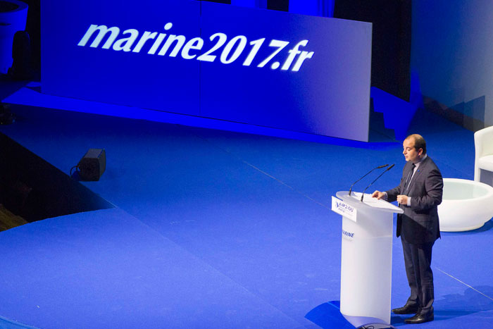 French far-right National Front (FN) member David Rachline, mayor of Frejus and campaign director, attends the 2-day FN political rally to launch the presidential campaign in Lyon, France, on Saturday. — Reuters