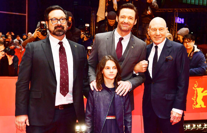 From left, US director James Mangold, Australian actor Hugh Jackman, British-Spanish actress Dafne Keen and English actor Patrick Stewart pose on the red carpet for the premiere of the film “Logan” in competition at the 67th Berlinale Film Festival in Berlin on Saturday. - AFP