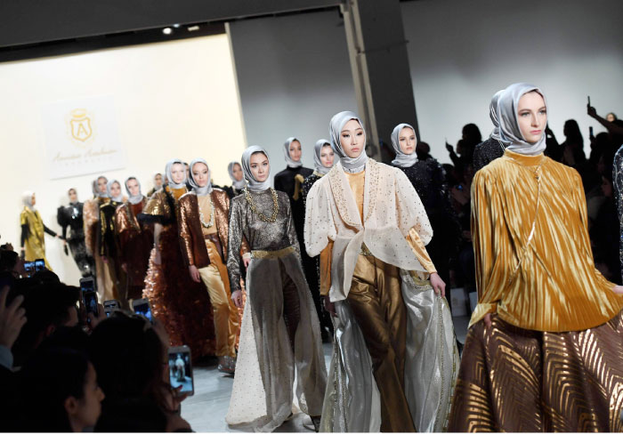 Models walk the runway for the Anniesa Hasibuan show during New York Fashion Week on Wednesday in New York City. - AFP