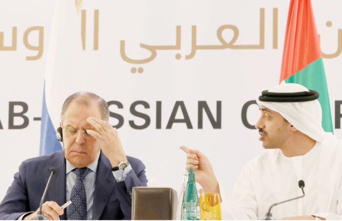 United Arab Emirates؛ Foreign Minister Sheikh Abdullah Bin Zayed Al-Nahyan (R) and Russian Foreign Minister Sergei Lavrov during a press conference in Abu Dhabi on Wednesday. — AFP