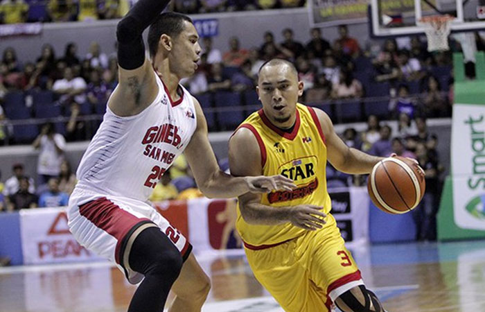 Star's Paul Lee goes for a drive hounded by Ginebra's Japeth Aguilar in Game 1 of their PBA Philippine Cup semifinals at the Smart-Araneta Coliseum Thursday night.
