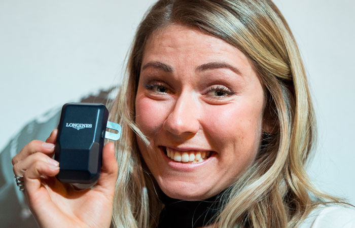 Mikaela Shiffrin of the US poses with a 