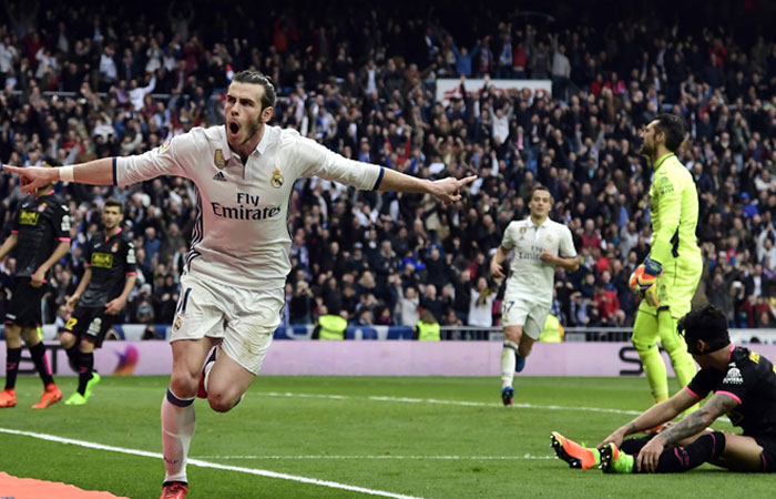 Real Madrid's forward Gareth Bale celebrates a goal during the Spanish league football match against Espanyol at the Santiago Bernabeu Stadium in Madrid Saturday. — AFP