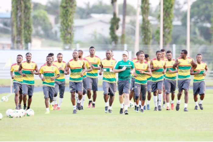 Cameroon players attend a training session at Agondje Stadium in Libreville. — AFP