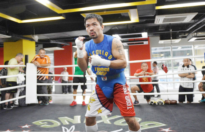 In this photo taken on Sept. 29, 2016, Philippine boxing icon Manny Pacquiao trains at a gym in Manila, ahead of his Nov. 6 bout with Mexican boxer Jessie Vargas. — AFP