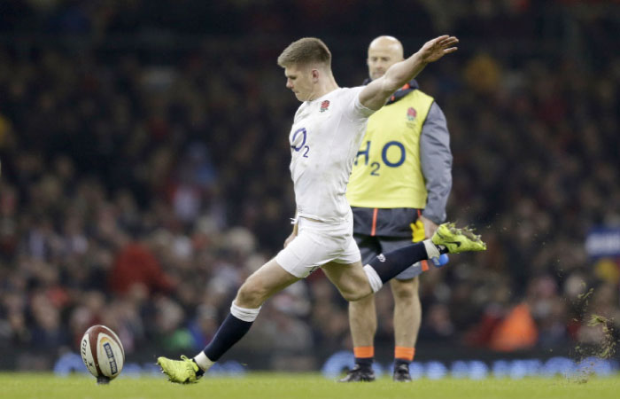 England’s Owen Farrell kicks a penalty against Wales during the Six Nations Championship at the Principality Stadium in Cardiff Saturday. — Reuters