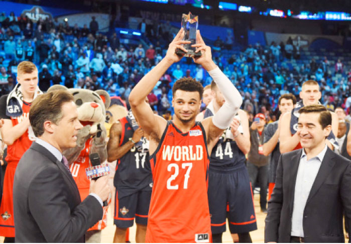 World Team guard Jamal Murray of the Denver Nuggets celebrates winning the MVP during the Rising Stars Challenge at Smoothie King Center at New Orleans Friday. — Reuters