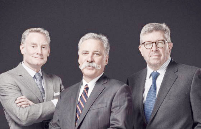 (L to R) Sean Bratches, Managing Director, Commercial Operations, Formula 1; Chase Carey, Chairman and CEO, Formula 1; Ross Brawn, Managing Director, Motor Sports, Formula 1.