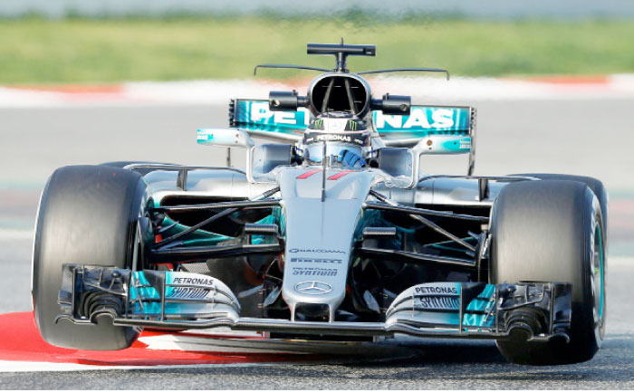 Mercedes’ Valtteri Bottas in action at the Formula One Test session in Barcelona-Catalunya racetrack in Montmelo, Spain on Monday. — Reuters