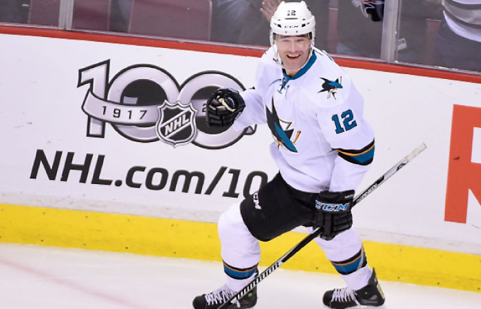 San Jose Sharks’ forward Patrick Marleau celebrates after scoring his 500th NHL goal against Vancouver Canucks during their game at Rogers Arena in Vancouver Thursday. — Reuters