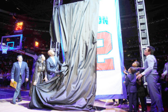 Detroit Pistons former player Richard Hamilton and his family during his jersey retirement ceremony during the game against the Boston Celtics at The Palace of Auburn Hills. — Reuters