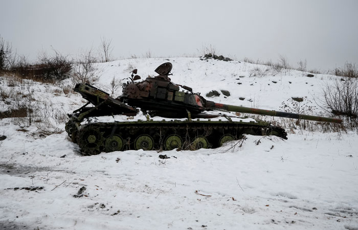 A destroyed Ukrainian tank is pictured on the front line near the government-held industrial town of Avdiivka, Ukraine, on Satuday. — Reuters