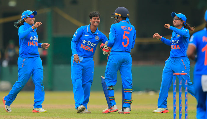 India's Deepti Sharma (2nd L) celebrates the wicket of Pakistan's Bismah Maroof as wicketkeeper Sushma Verman watches during their ICC Women's World Cup Qualifier One-Day International cricket match in Colombo Sunday. — AP