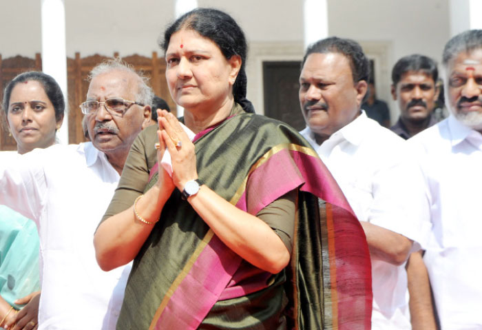 This file photo shows V.K. Sasikala, general secretary of southern Tamil Nadu state’s ruling AIADMK gesturing upon her arrival to take up office at the AIADMK headquarters in Chennai. — AFP