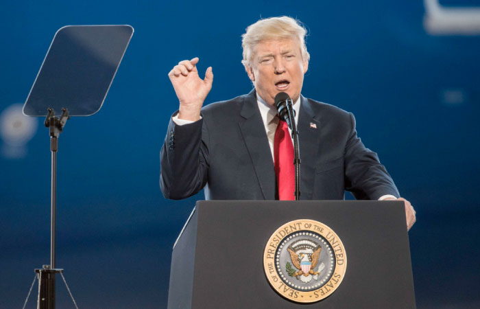 US President Donald Trump addresses a crowd during the debut event for the Dreamliner 787-10 at Boeing’s South Carolina facilities in North Charleston, South Carolina, on Friday. — AFP