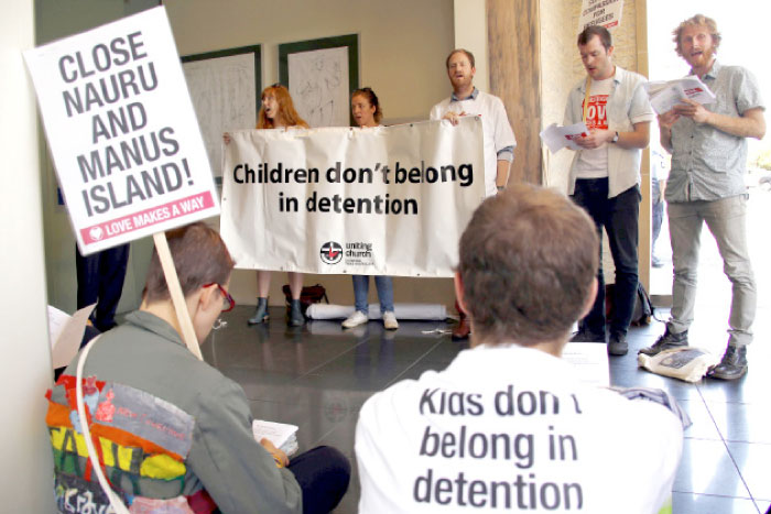 A group of around twenty protesters occupy Australian Prime Minister Malcolm Turnbull’s electoral office, demanding the end to the policy of offshore detention of asylum seekers in the Sydney suburb of Edgecliff, Australia, in this Oct.14, 2015 file photo. — Reuters