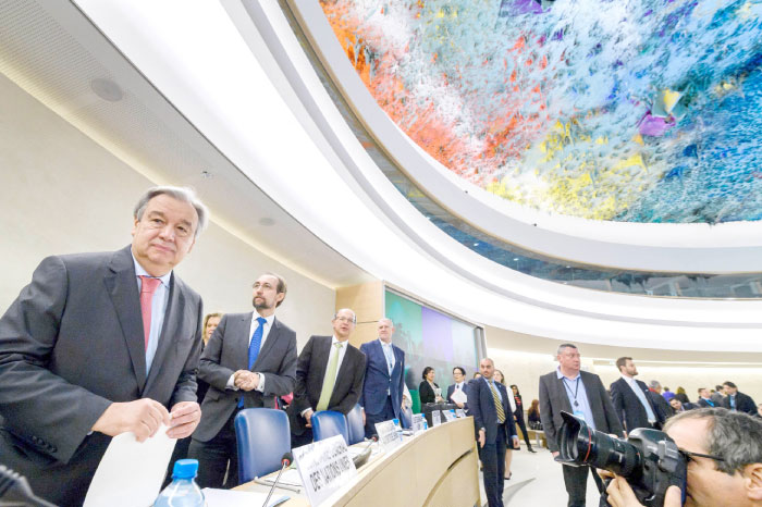 UN Secretary-General Antonio Guterres, left, looks on at the opening of the United Nations Human Rights Council in Geneva on Monday. — AFP