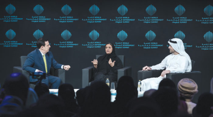 Sheikha Lubna Al Qasimi (middle), UAE’s Minister of State for Tolerance, talks about ‘Co-Existing: Transcending Borders of Culture, Race & Religion’ with UAE ambassador to Russia and author Omar Ghobash on the second day of World Government Summit (WGS) 2017 in Dubai