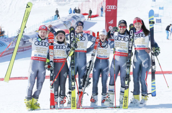 From (L to R) France’s Julien Lizeroux, Tessa Worley, Alexis Pinturault, Adeline Baud Mugnier, Mathieu Faivre and Nastasia Noens celebrate winning gold after the final of the parallel slalom Mixed Team event FIS Alpine Skiing World Championships  at St. Moritz.   — Reuters