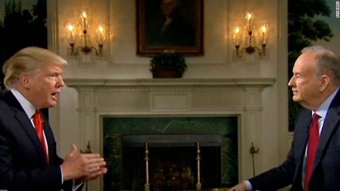 President Donald Trump being interviewed by Fox News host Bill O’Reilly.
