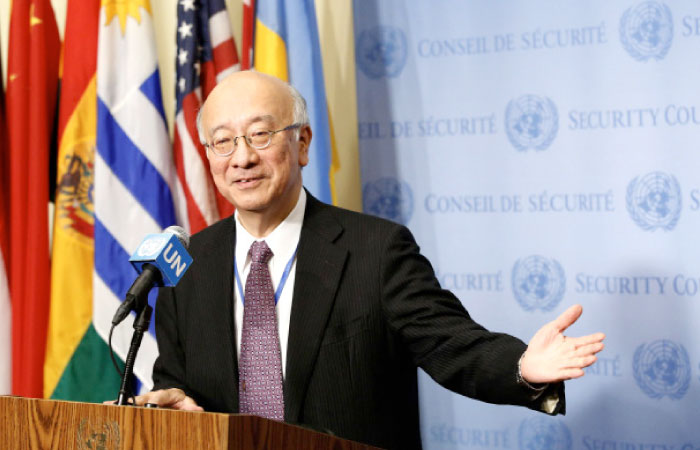 Japan’s Ambassador to the UN Koro Bessho speaks to the media after the Security Council meeting on North Korea’s latest ballistic missile launch at United Nations headquarters in New York on Monday. — AFP