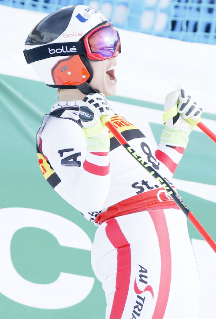 Nicole Schmidhofer of Austria reacts at the finish line after landing the gold at the FIS Alpine Skiing World Championships - Women’s Super G in St. Moritz, Switzerland. — Reuters