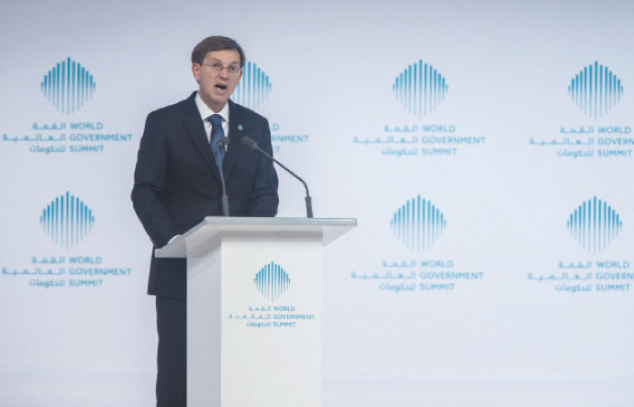 Miro Cerar, Prime Minister of Slovenia, underlines his points on the final day of the fifth World Government Summit in Dubai on Tuesday